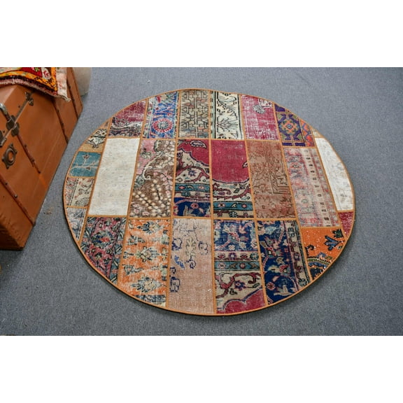 Rugs For Nursery, Patchwork Rug, Round Rug, Turkish Rug, , 4.6x4.6 ft Accent Rugs, Vintage Rug, Antique Rugs, Red Antique Rug