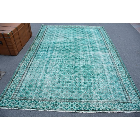 Rugs For Salon, 6.6x9.7 ft Large Rugs, Turkish Rug, Oushak Rug, Green Bedroom Rug, Vintage Rug, Handwoven Dining Room Rug