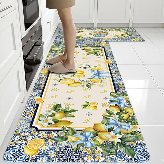 Rugs for Kitchen Floor, Lemon Anti Fatigue Mats for Kitchen Floor Non Slip, 2PCS Wipeable Rubber Kitchen Mat, Washable Cushioned Lemons Runner Carpet Rug for Sink Laundry 17"×30" +17"×47"