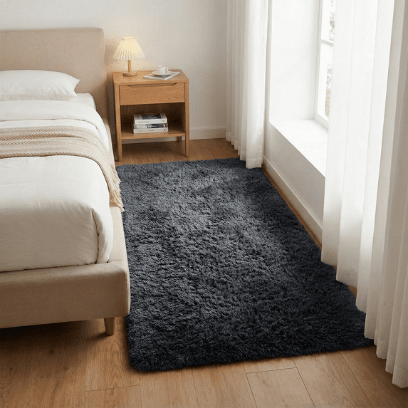 Rugs for Living Room, 3'x5' Soft Fluffy Area Rug for Bedroom, Plush Decorative Rug with Anti-Skid Backing, Indoor Home Carpet for Living Room, Dark Grey