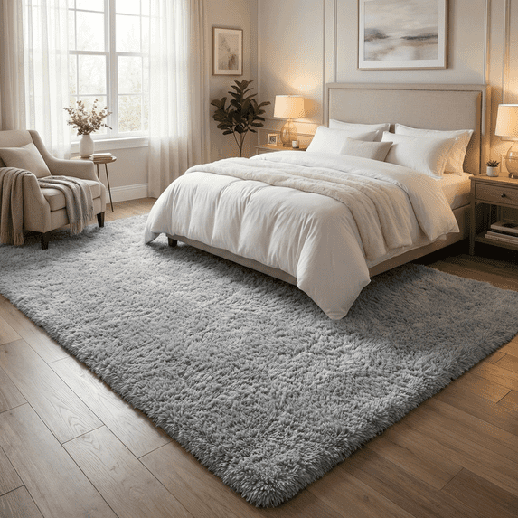 Rugs for Living Room, 5'x8' Soft Fluffy Area Rug for Bedroom, Plush Decorative Rug with Anti-Skid Backing, Indoor Home Carpet for Living Room, Light Grey