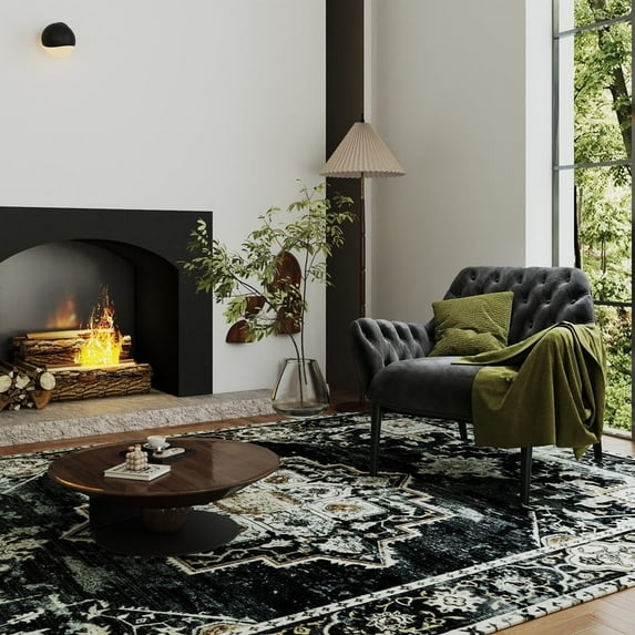 Rugs for Living Room 5x7 Area Rug Washable Non Slip Carpet Boho Floral Rug Stain Resistant Fade Resistant Floor Farmhouse Rug for Living Room, Bedroom, Dining Room, Home Offie