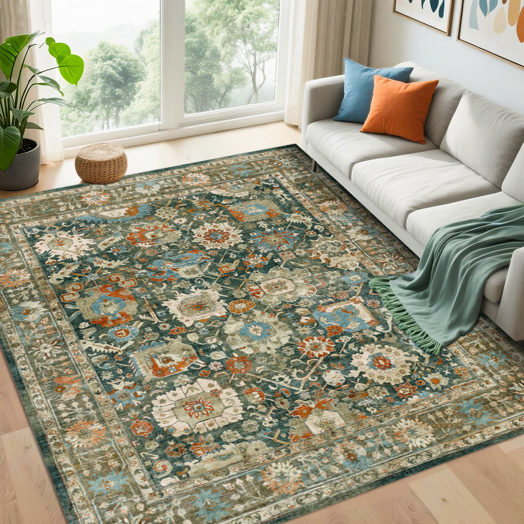 Rugs for Living Room 5x7, Non Slip Machine Washable Indoor Large Rug, Low Pile Chenille Print Mat for Bedroom Dining Room Home Office Kitchen,dark green