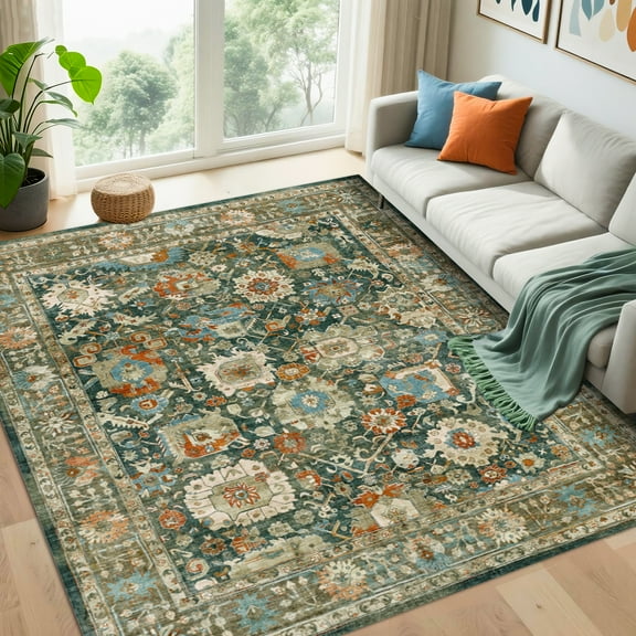 Rugs for Living Room 5x7, Non Slip Machine Washable Indoor Large Rug, Low Pile Chenille Print Mat for Bedroom Dining Room Home Office Kitchen,dark green