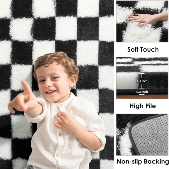 Rugs for Living Room, 5x8 Area Rug Black and White Fluffy Shag Soft Checkered Rug Large Fuzzy P Furry Shaggy Carpet for Bedroom, Kids Boys Girls Teen Dorm Nursery Home Dr Aesthetic