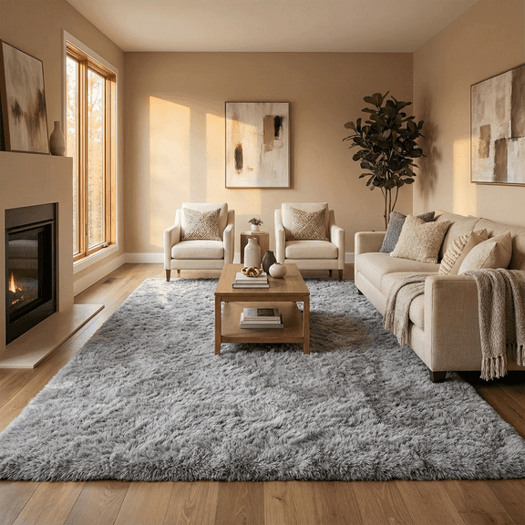 Rugs for Living Room, 6'x9' Soft Fluffy Area Rug for Bedroom, Plush Decorative Rug with Anti-Skid Backing, Indoor Home Carpet for Living Room, Light Grey