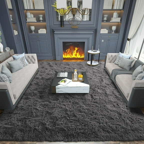 Rugs for Living Room, 8'x10' Soft Fluffy Area Rug for Bedroom, Plush Decorative Rug with Anti-Skid Backing, Indoor Home Carpet for Living Room, Dark Grey