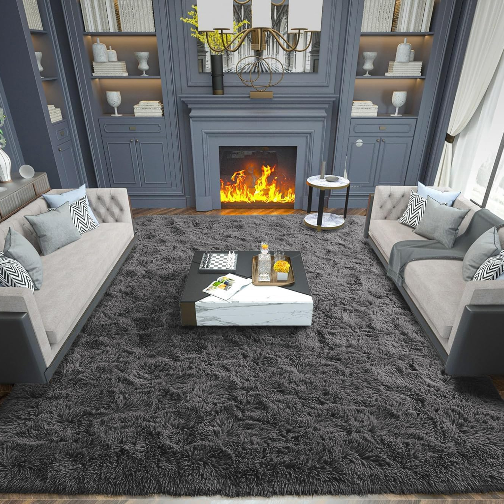 Large 8x10 Feet Dark Grey Fluffy Area Rug for Living Room, Bedroom