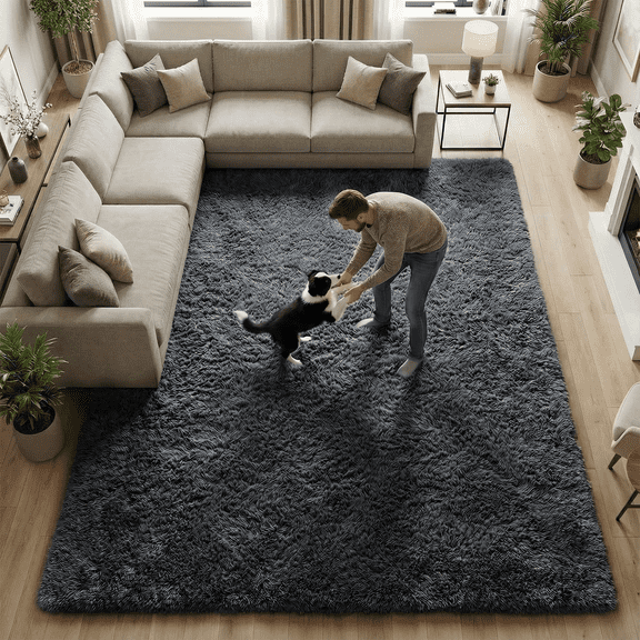 Rugs for Living Room, 8'x10' Soft Fluffy Area Rug for Bedroom, Plush Decorative Rug with Anti-Skid Backing, Indoor Home Carpet for Living Room, Dark Grey
