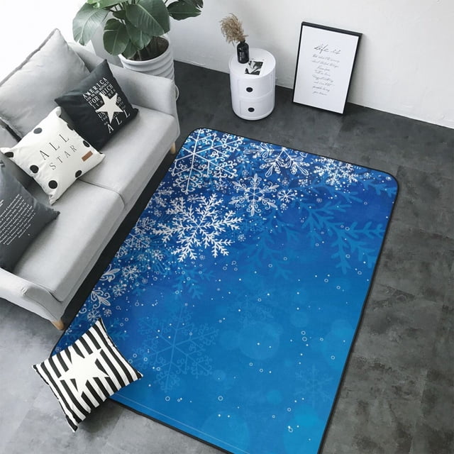 Rugs for Living Room Blue Christmas With Snowflakes 80 × 58in Non