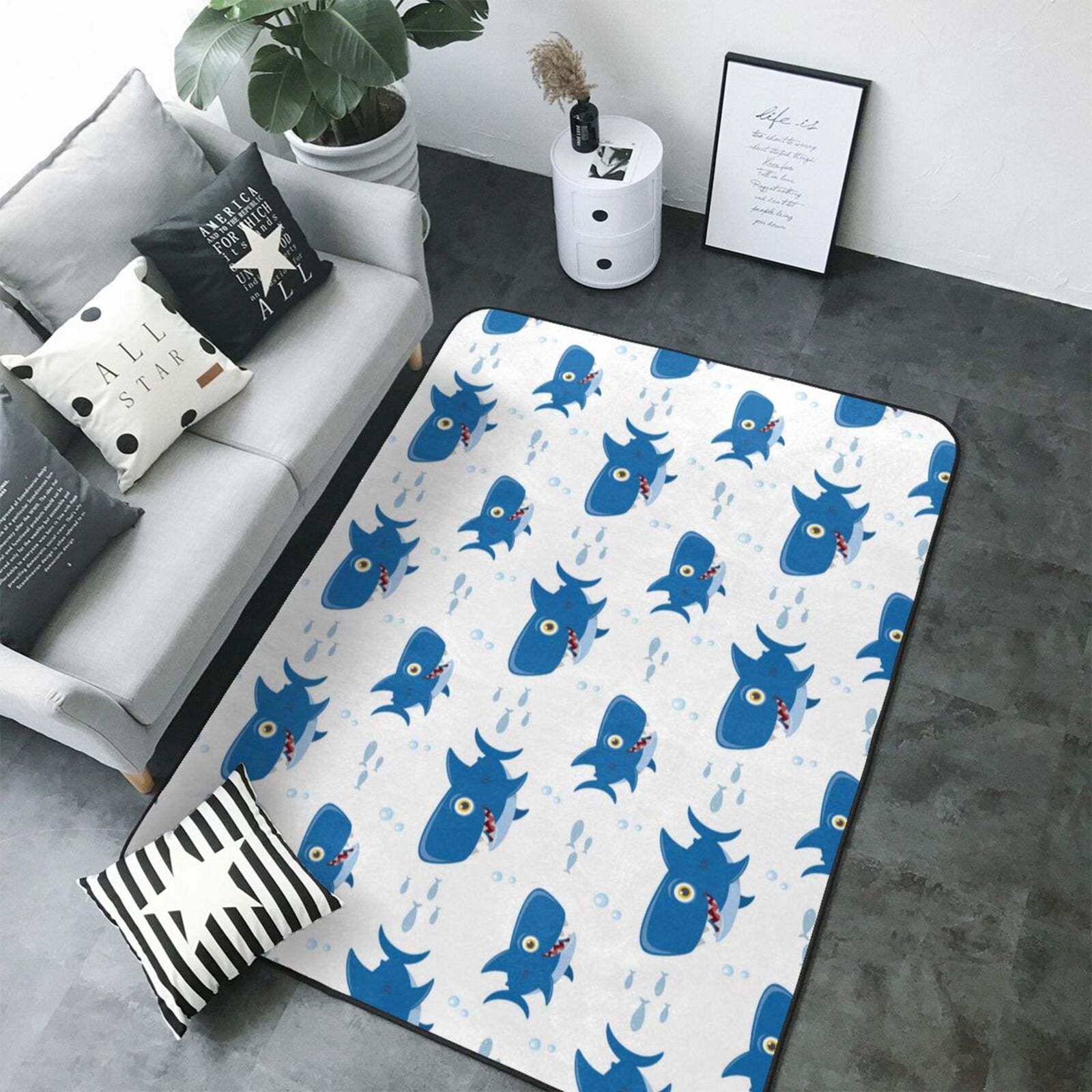 Rugs for Living Room - Cartoon Cute Shark Blue_A Washable Non Slip 80× ...