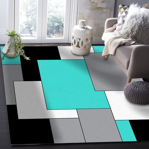 Rugs For Living Room, Grey White Teal Color Block Geometric Area Rug, Area Rug For Kids Room Bedroom Decor, Room Decor Aesthetic Comfy Carpet, Non-Shedding Modern Area Rugs, Washable Rug