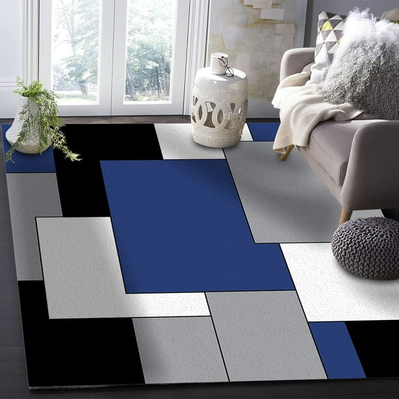 Rugs For Living Room, Navy Blue Grey Black Modern Geometric Area Rug, Area Rug For Kids Room Bedroom Decor, Room Decor Aesthetic Comfy Carpet, Non-Shedding Modern Area Rugs, Washable Rug