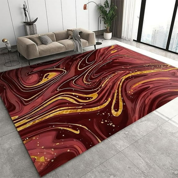 Rugs For Living Room Nordic Luxury, Abstract Burgundy Red Gold Irregular Fluid Area Rug, Contemporary Accent Throw Rug For Bathroom Classroo Bedroom Kitchen Rug 5' x 7'