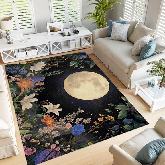 Rugs Living Room, Plants And Flowers Under The Night Sky Fluffy Area Rugs For Bedroom Rug, Machine Washable Rug Thick Low Pile Floor Carpet Bedside Rug For Kids Room,Non Shed And Anti Sl