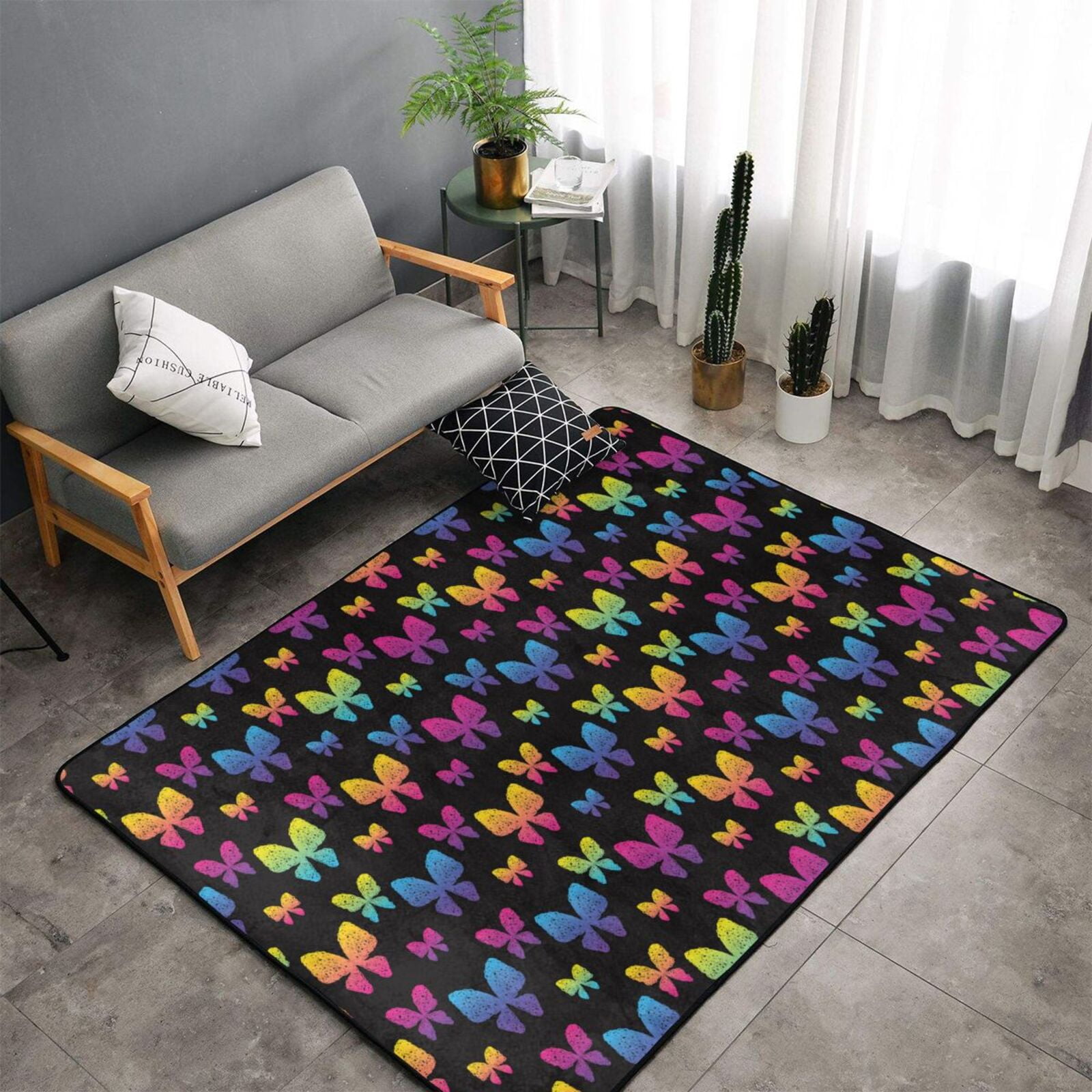 Rugs for Living Room Rainbow Butterfly Washable Non Slip 60×39 Area