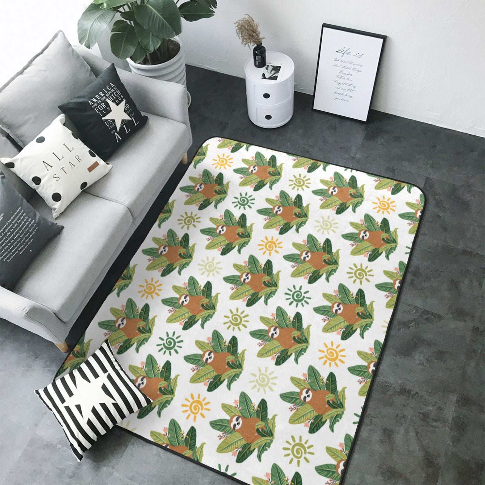 Rugs for Living Room - Sloth Sitting Tropical Leaves Washable Non Slip ...