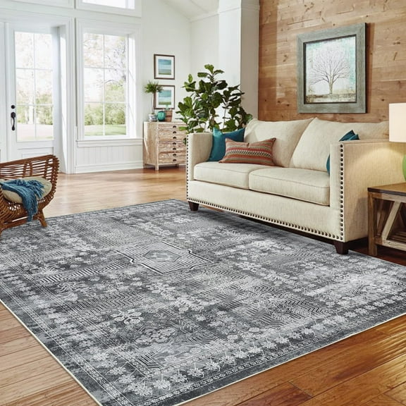 Rugs for Living Room,Washable Area Rug Taupe Retro Chic Medallion Distressed Design Living Room Indoor Non-Slip Non-Shedding Oriental Accent Throw Rug for Kitchen Bedroom Office Carpet