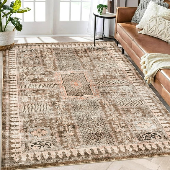 Rugs for Living Room,Washable Area Rug Taupe Retro Chic Medallion Distressed Design Living Room Indoor Non-Slip Non-Shedding Oriental Accent Throw Rug for Kitchen Bedroom Office Carpet