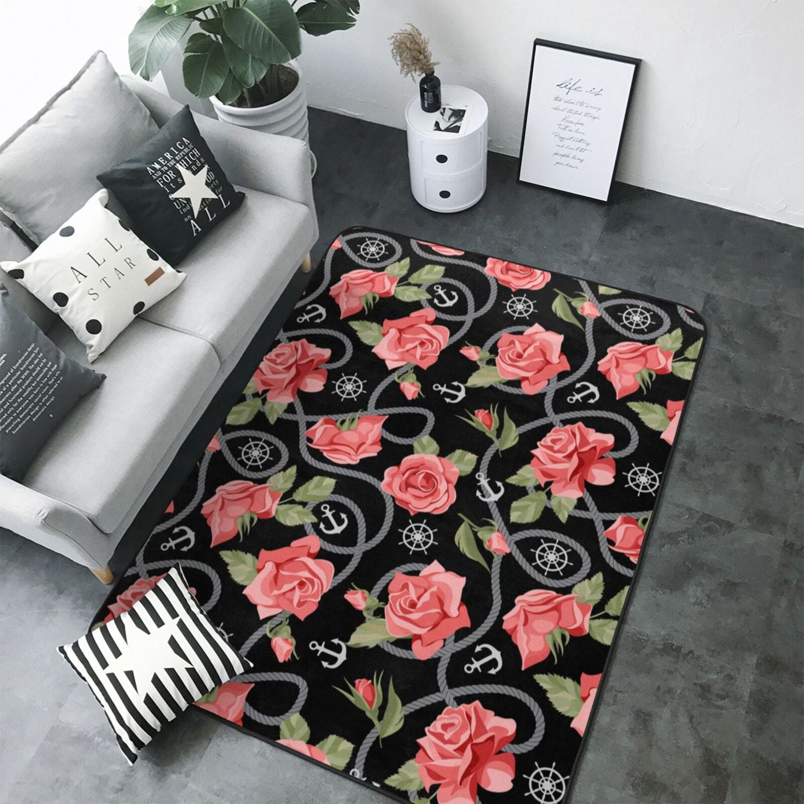 Red Or Roses Area Rugs Rugs for Living Room - trendy red roses anchor black Washable Non Slip ...