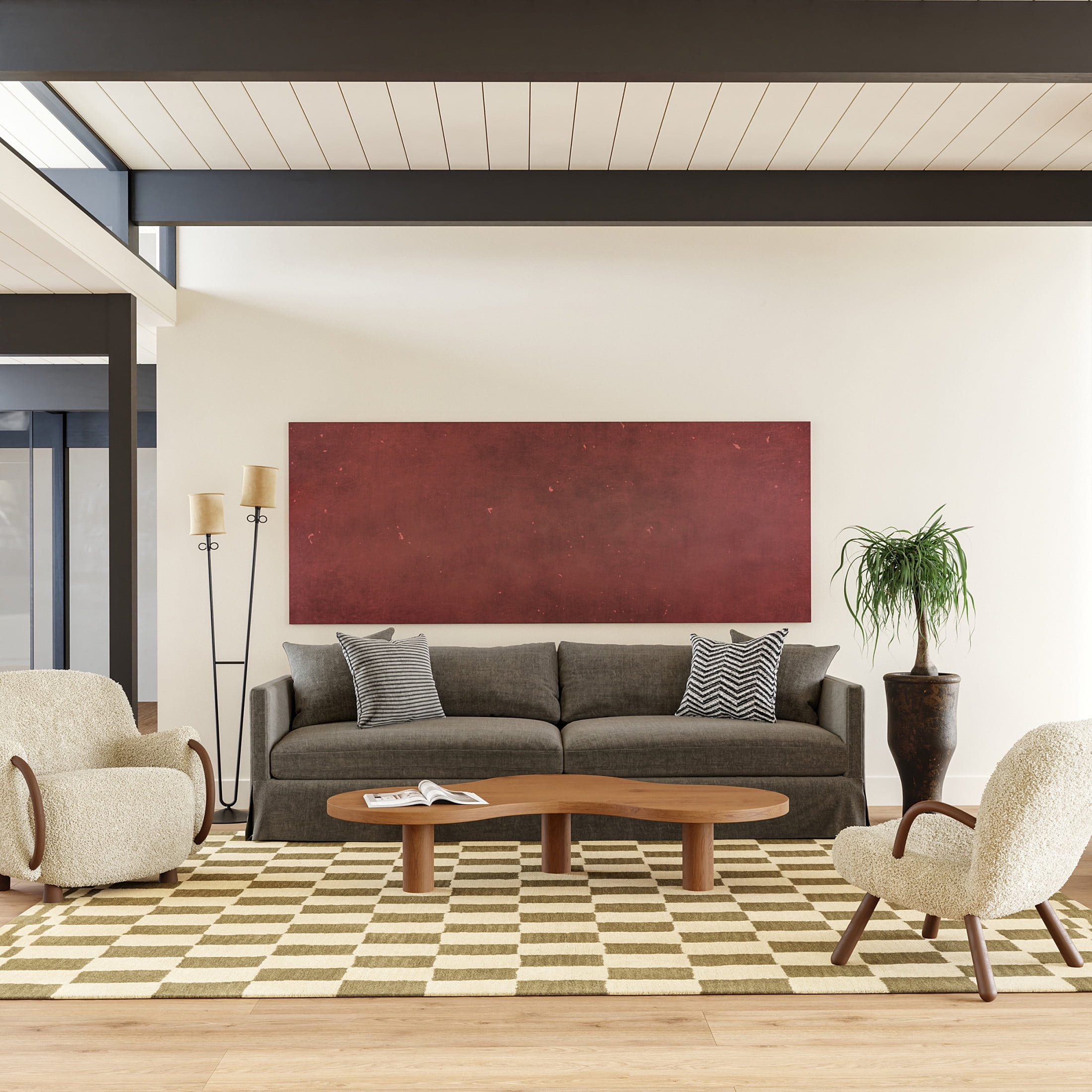 Olive and Beige Wool Checkerboard Handmade Rectangular Rug, 6' x 9'