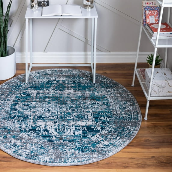 Rugs.com Aarhus Collection Rug – 5 Ft Round Blue Low Rug Perfect For Kitchens, Dining Rooms