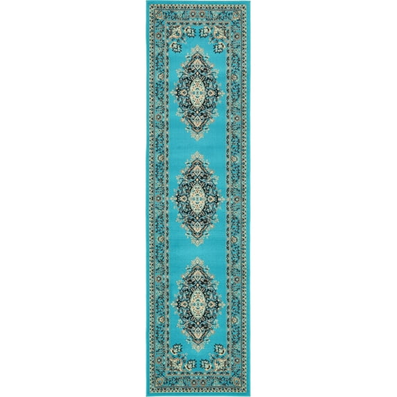 Rugs.com Amaya Collection Rug – 10 Ft Runner Turquoise Medium Rug Perfect For Hallways, Entryways