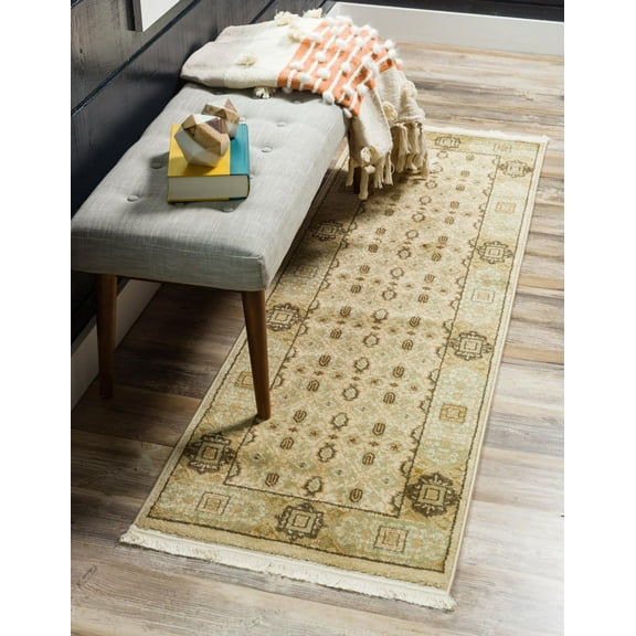 Rugs.com Amina Collection Rug – 10 Ft Runner Cream Medium-Pile Rug Perfect For Hallways, Entryways