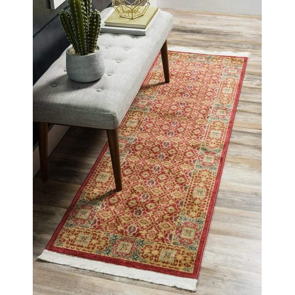 Rugs.com Amina Collection Rug – 10 Ft Runner Red Medium-Pile Rug Perfect For Hallways, Entryways