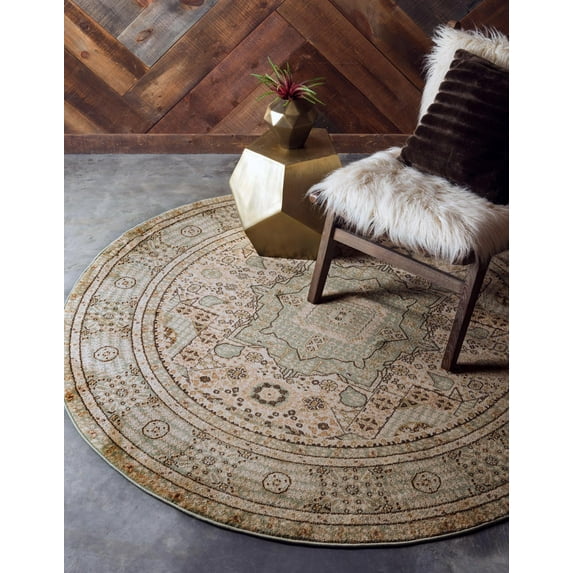 Rugs.com Amina Collection Rug – 6 Ft Round Light Green Medium-Pile Rug Perfect For Kitchens, Dining Rooms