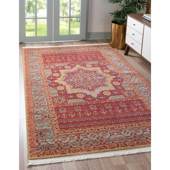 Rugs.com Amina Collection Rug – 6' x 9' Red Flatweave Rug Perfect For Living Rooms, Large Dining Rooms, Open Floorplans
