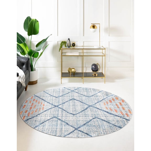Rugs.com Aramis Collection Rug – 7 Ft Round Blue Medium Rug Perfect For Kitchens, Dining Rooms