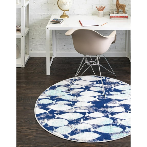 Rugs.com Ariel Collection Rug – 4 Ft Round Blue Medium Rug Perfect For Kitchens, Dining Rooms