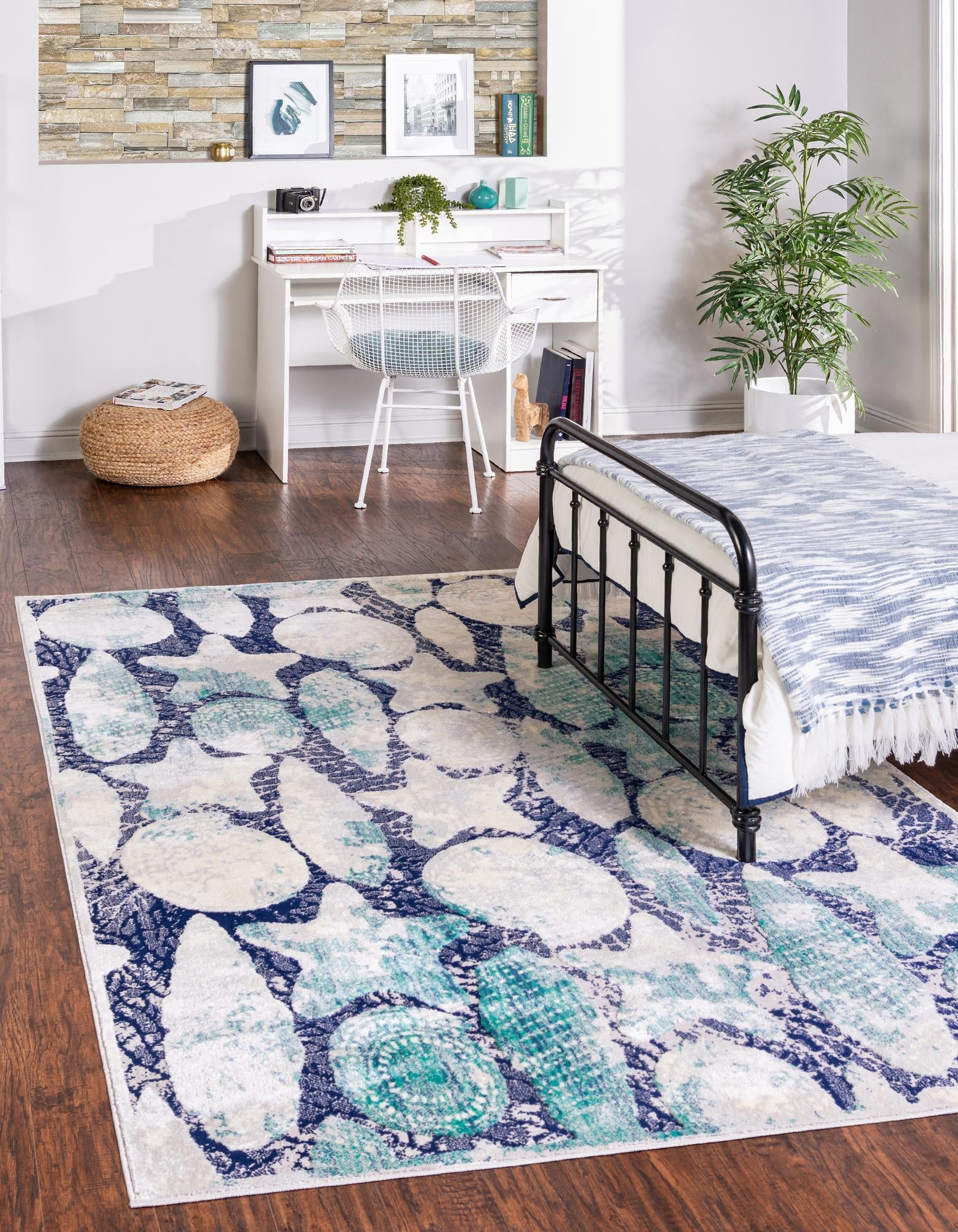 Ariel Blue Abstract Rectangular Stain-Resistant Rug 5' x 8'
