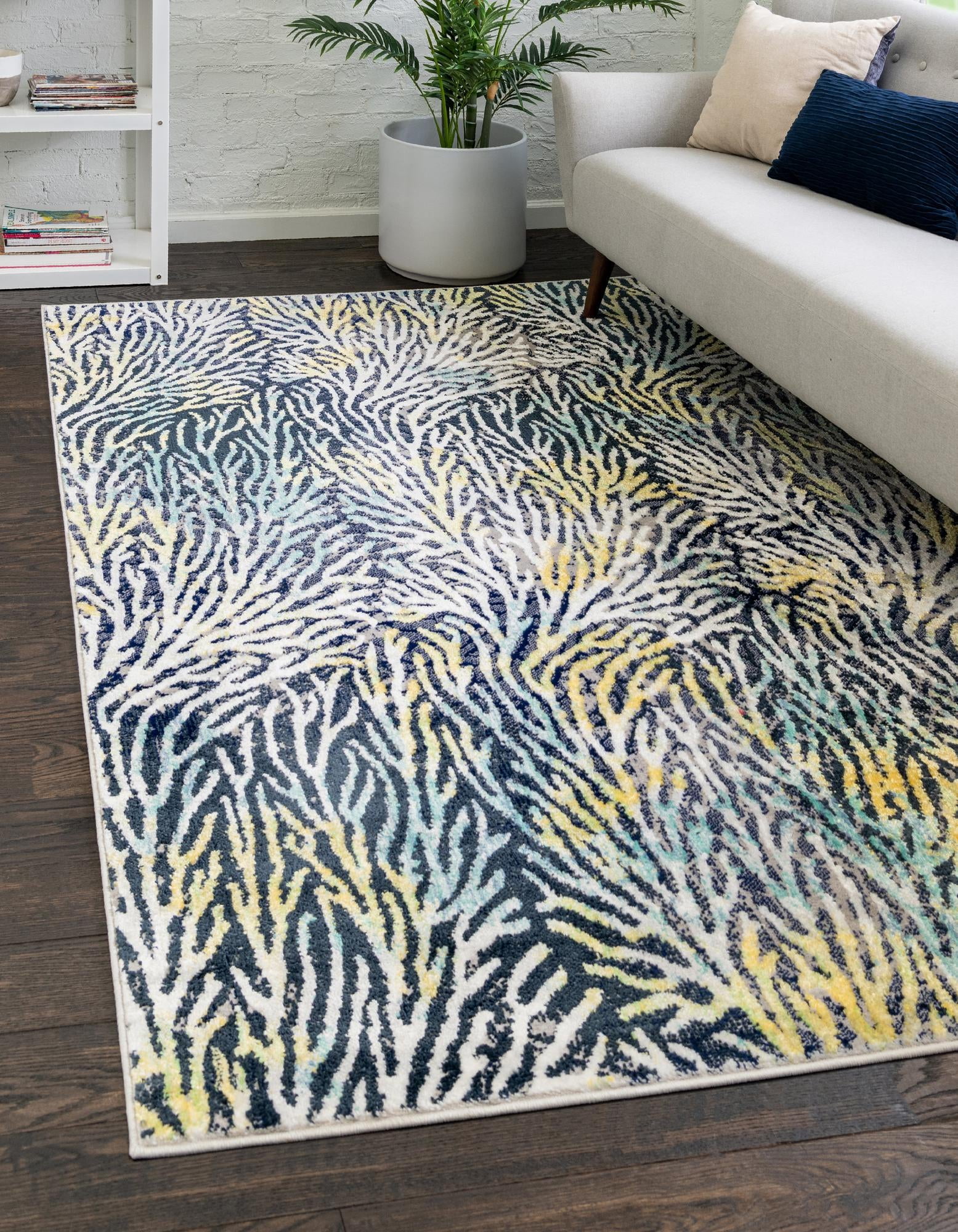 Ariel Blue Abstract Rectangular Synthetic Area Rug 5' x 8'