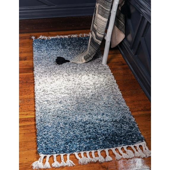 Rugs.com Athena Shag Collection Rug – 2' 2 x 6' Runner Blue Shag Rug Perfect For Hallways, Entryways