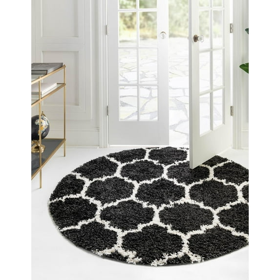Rugs.com Athena Shag Collection Rug – 3' 3 Round Black And White Shag Rug Perfect For Kitchens, Dining Rooms