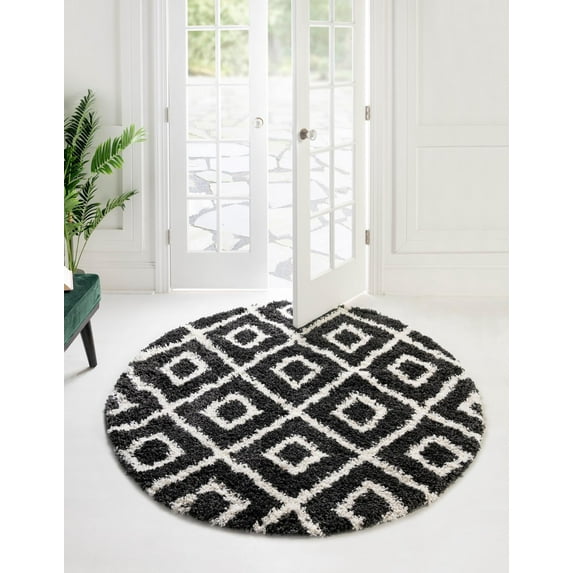 Rugs.com Athena Shag Collection Rug – 5' 3 Round Black And White Shag Rug Perfect For Kitchens, Dining Rooms