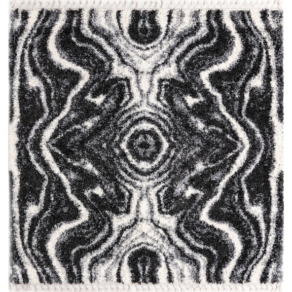 Rugs.com Athena Shag Collection Rug – 7' 10 Square Black And White Shag Rug Perfect For Living Rooms, Kitchens, Entryways