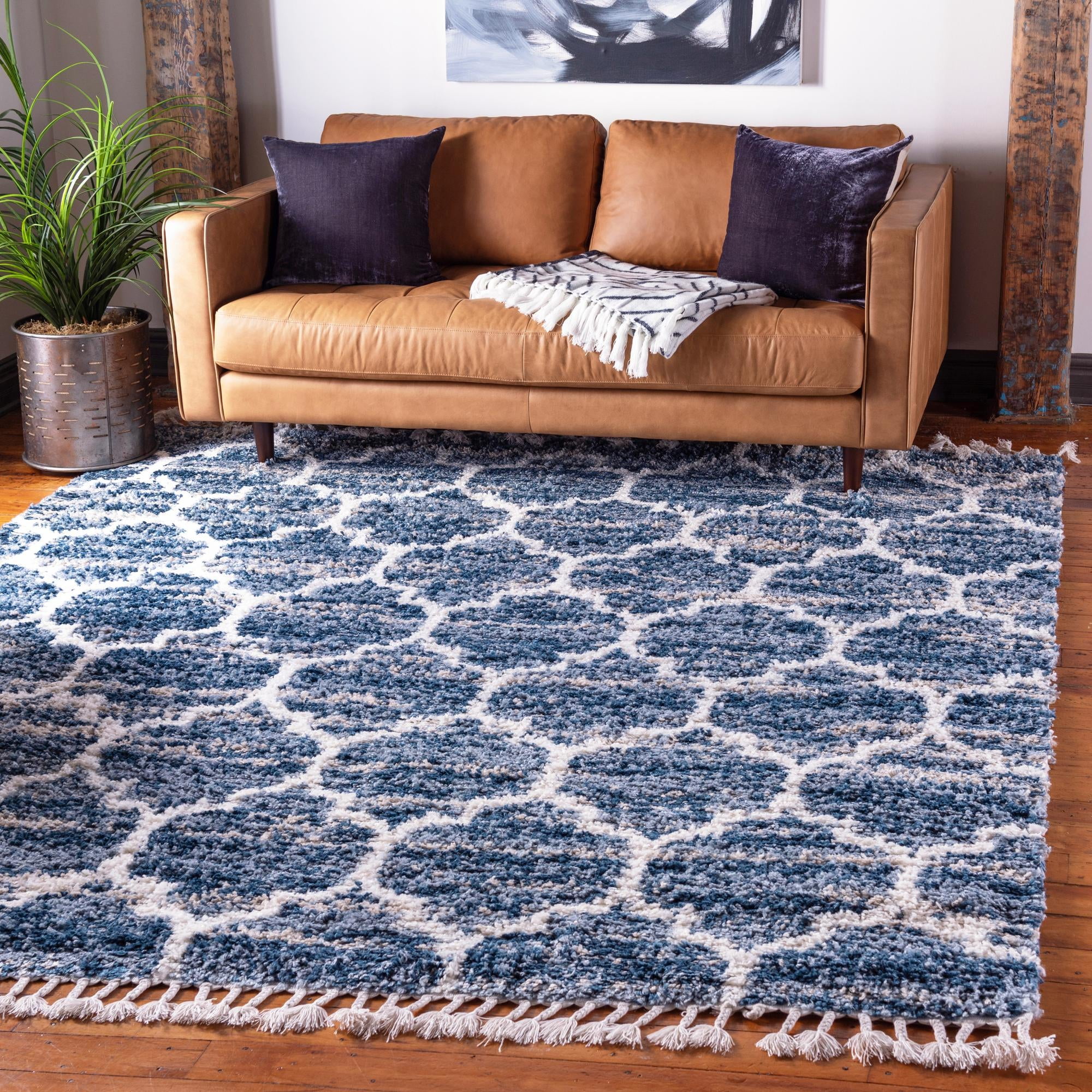 Blue Geometric Shag Synthetic 8' Square Rug