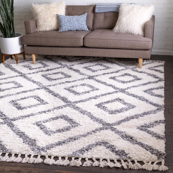 Rugs.com Athena Shag Collection Rug – 8' Square Ivory Shag Rug Perfect For Living Rooms, Kitchens, Entryways
