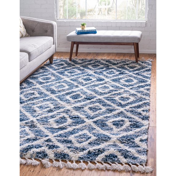 Rugs.com Athena Shag Collection Rug – 8' x 10' Blue Shag Rug Perfect For Living Rooms, Large Dining Rooms, Open Floorplans