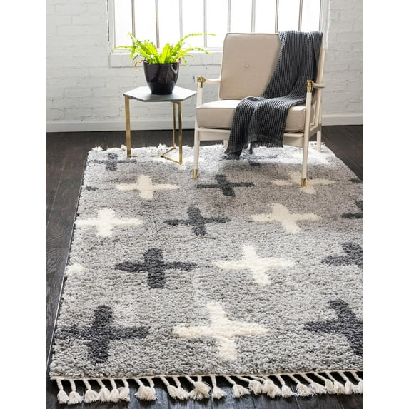 Rugs.com Athena Shag Collection Rug – 8' x 10' Light Gray Shag Rug Perfect For Living Rooms, Large Dining Rooms, Open Floorplans