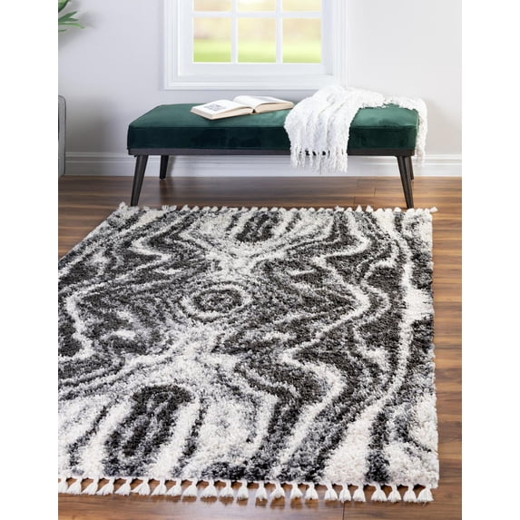 Rugs.com Athena Shag Collection Rug – 9' x 12' Black And White Shag Rug Perfect For Living Rooms, Large Dining Rooms, Open Floorplans