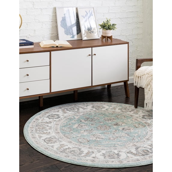 Rugs.com Aurelia Collection Rug – 3 Ft Round Aqua Medium-Pile Rug Perfect For Kitchens, Dining Rooms
