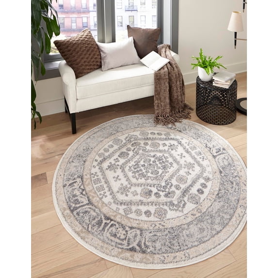 Rugs.com Aurelia Collection Rug – 3 Ft Round Ivory Medium-Pile Rug Perfect For Kitchens, Dining Rooms