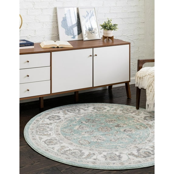 Rugs.com Aurelia Collection Rug – 5 Ft Round Aqua Medium-Pile Rug Perfect For Kitchens, Dining Rooms