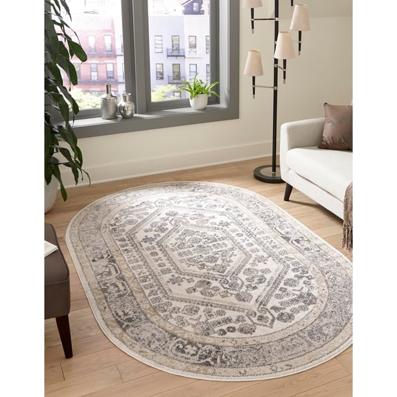 Rugs.com Aurelia Collection Rug – 5' x 8' Oval Ivory Medium-Pile Rug Perfect For Living Rooms, Large Dining Rooms, Open Floorplans