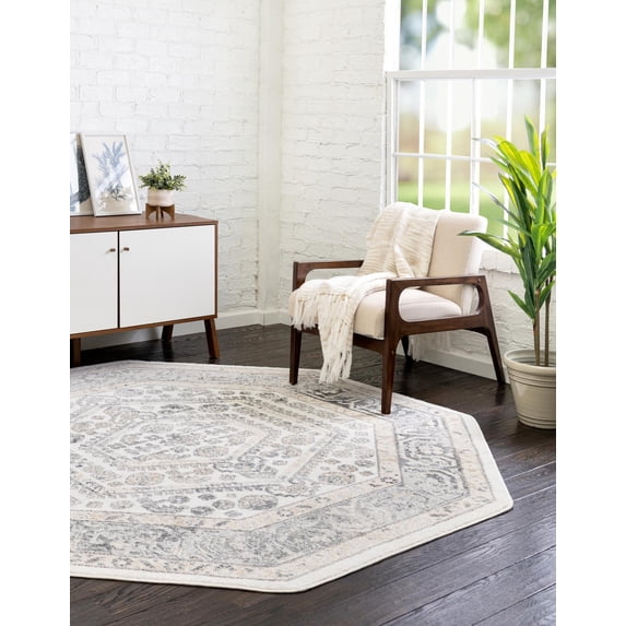 Rugs.com Aurelia Collection Rug – 7 Ft Octagon Ivory Medium-Pile Rug Perfect For Living Rooms, Kitchens, Entryways