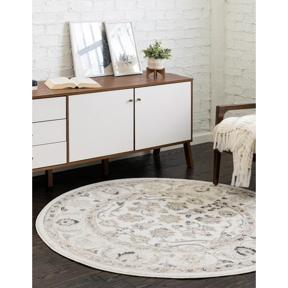 Rugs.com Aurelia Collection Rug – 7 Ft Round Ivory Medium-Pile Rug Perfect For Kitchens, Dining Rooms